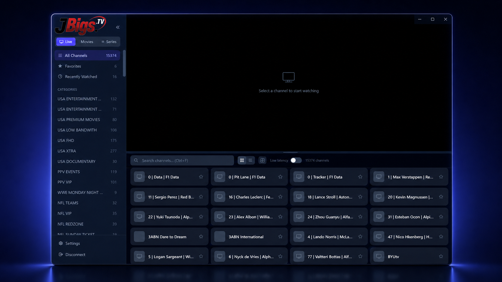 JBigs TV live channel browser and video player on Windows