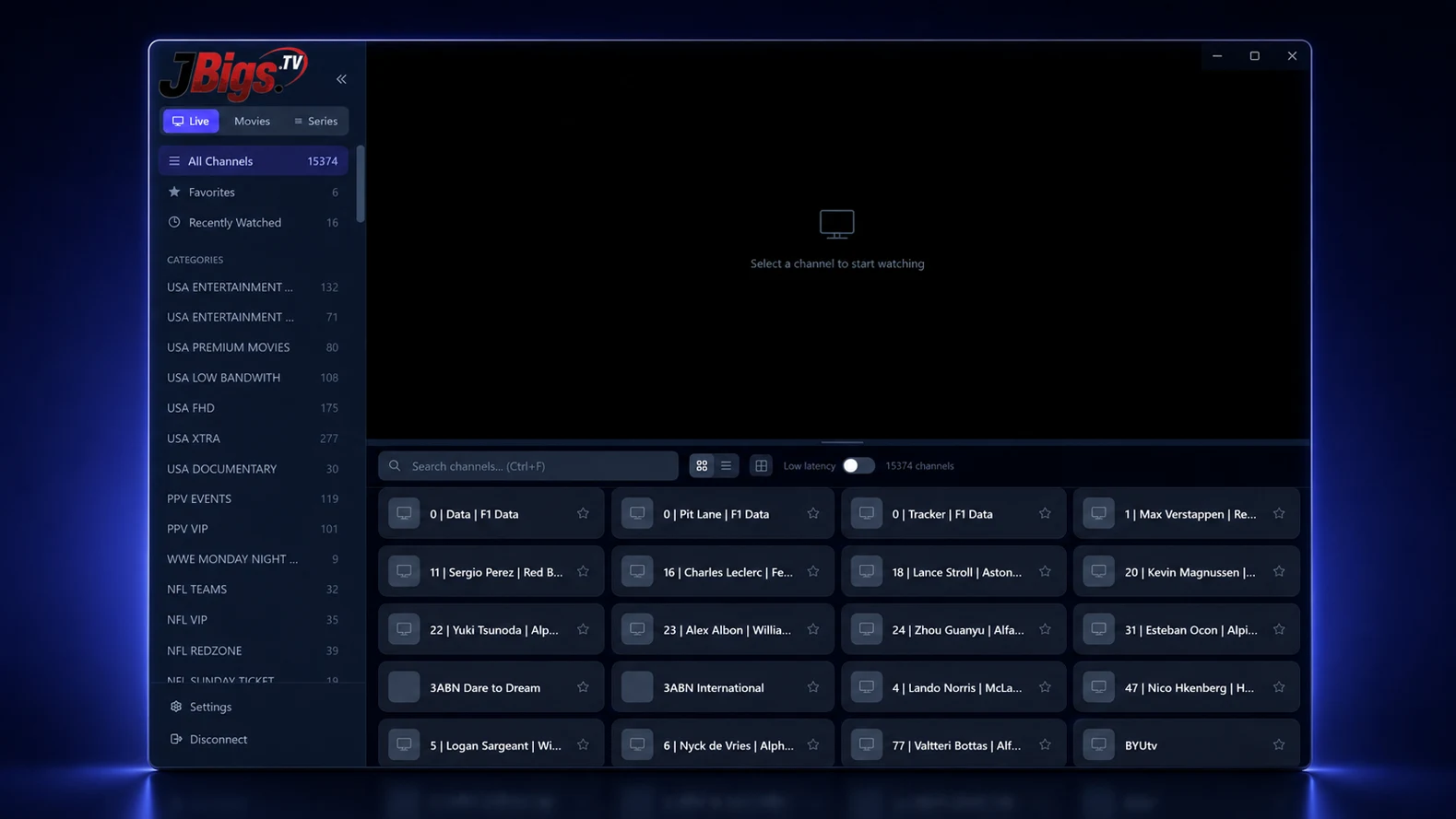 JBigs TV live channel browser and video player on Windows