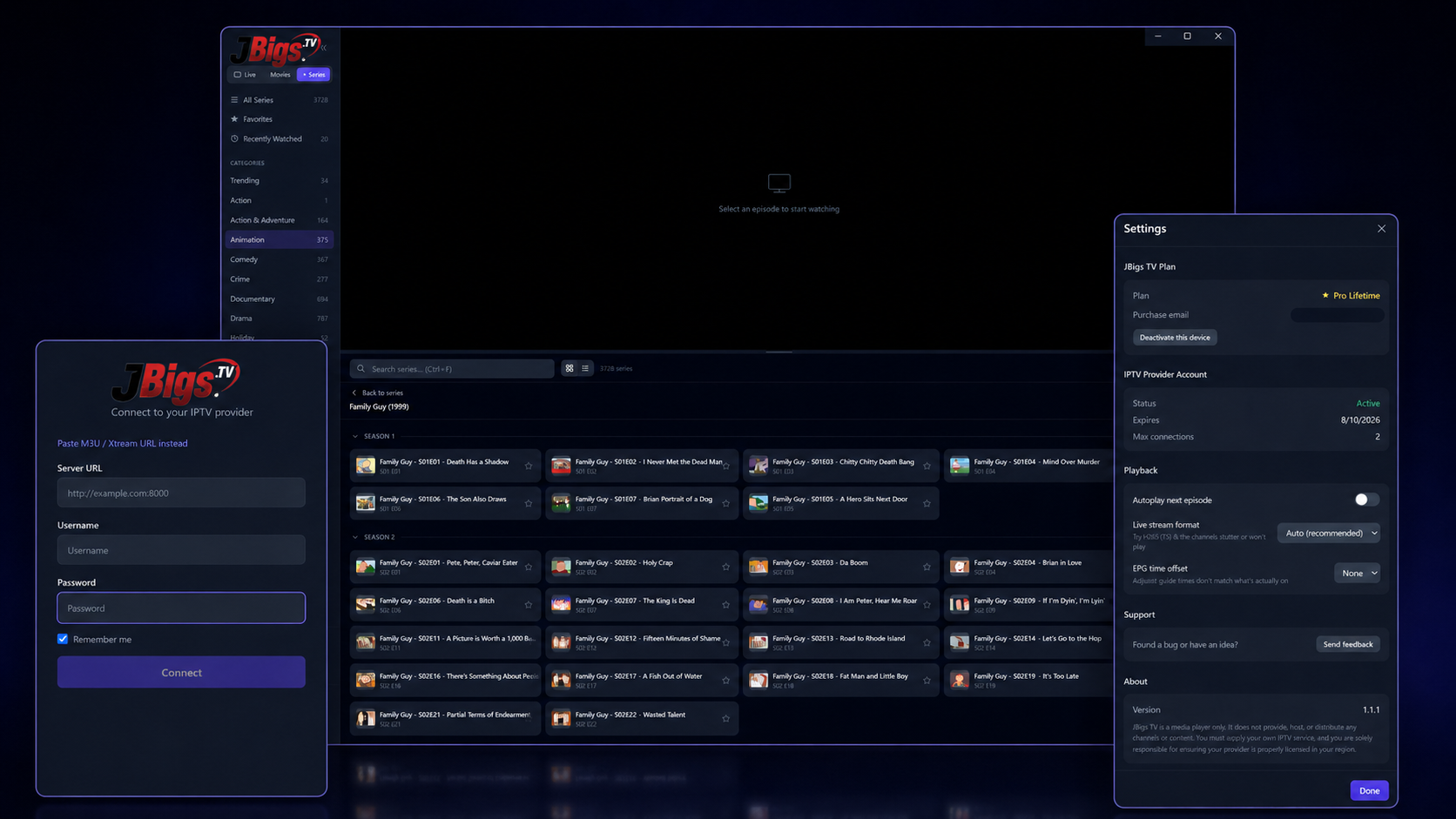 JBigs TV series browser, provider sign-in, and settings screens