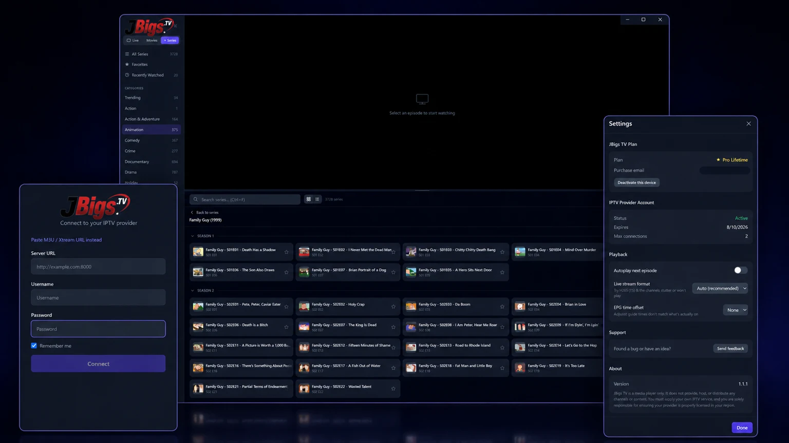 JBigs TV series browser, provider sign-in, and settings screens